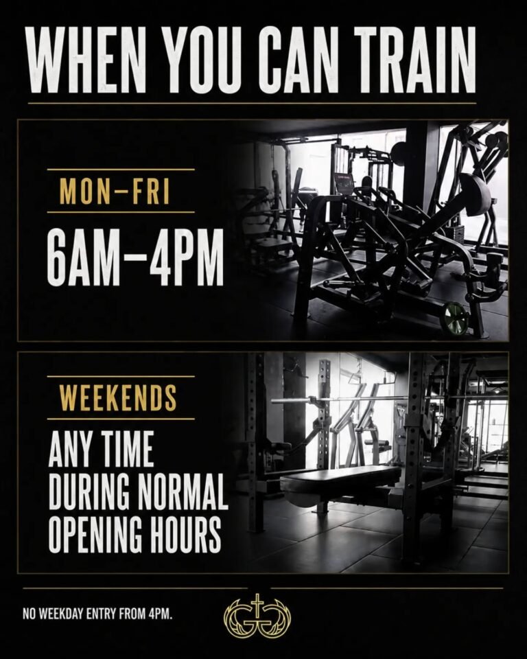 House of Grit & Glory off-peak gym access times for weekday and weekend training